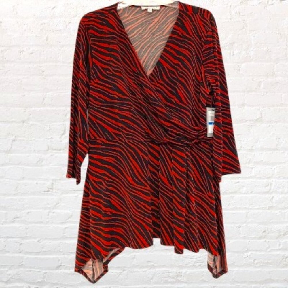 Chaus Women's 3/4 Sleeve Zebra Print Peplum Crossover V-neck Red/Black XL